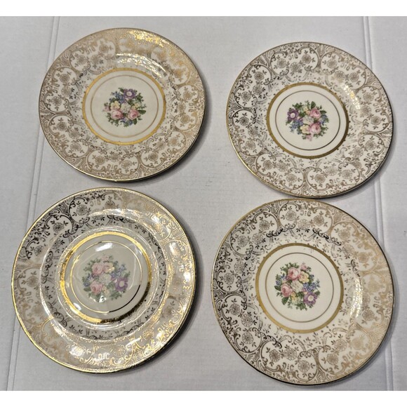 Royal China Inc Plate Warranted 22K Colonial Gold set (4) Bread 7.25” 6” Vintage - Picture 2 of 5